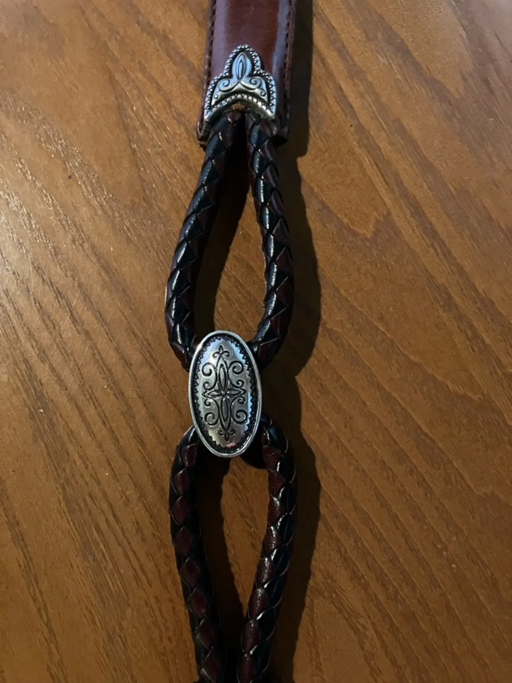 Vintage Women’s Small 28 Brown and Black Leather Braided Belt Silver Buckle